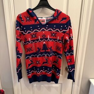Tipsy Elves Navy and Red Sweater with hood. Size medium